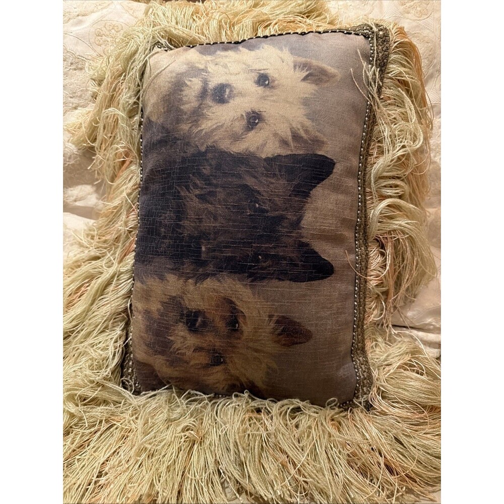 Pulvermacher Designs NYC Terriers Dogs Throw Pillow Fringe Decor Tan Cottage - Picture 15 of 15